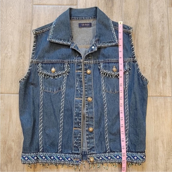 Vintage Denim Vest Womens Size S Fully Beaded Embroidered Southwestern Blue - Picture 3 of 7